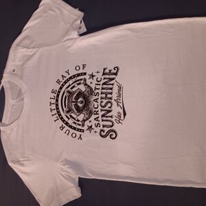 White Short-Sleeve Graphic Tee with 'Sarcastic Sunshine' Raccoon Print